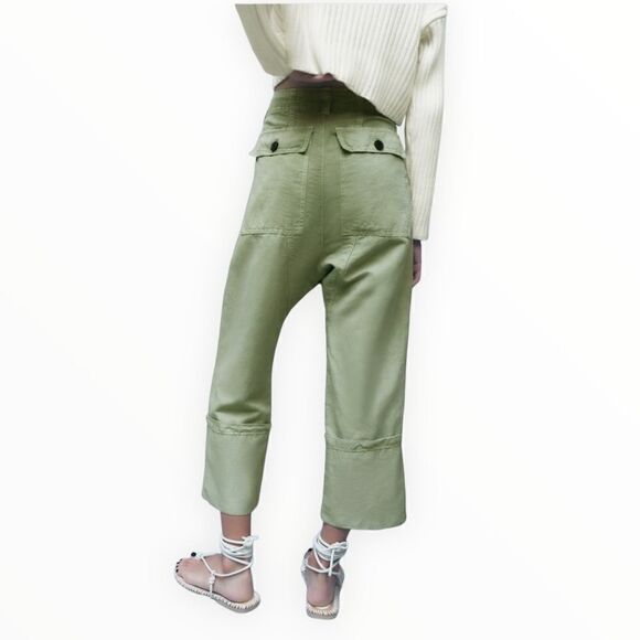 ZARA | Sea Green | LINEN BLEND TURNED UP CUFF PANTS - Picture 9 of 11